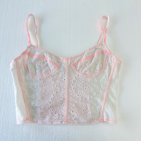 Intimately Free People Womens Ivory Eyelet Tank Bustier Crop Top Neon Trim S - Picture 1 of 6